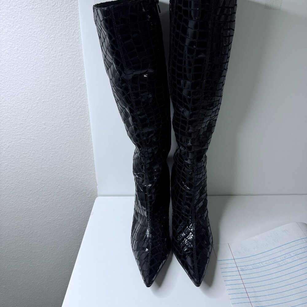 Diego A Lucca Black Kitten Heel Croc Embossed Leather Knee High Boots